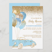 青い金ゴールドバルーン赤ちゃんシャワーによる仮想ドライブ 招待状 (正面/裏面)