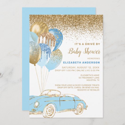 青い金ゴールドバルーン赤ちゃんシャワーによる仮想ドライブ 招待状 (正面/裏面)