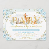 青い金ゴールドフローラウッドランド鹿のベビーシャワー(郵送) 招待状 (正面/裏面)
