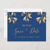 青い金ゴールドフローラ植物結婚式の日付を保存 ポストカード (正面/裏面)