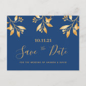 青い金ゴールドフローラ植物結婚式の日付を保存 ポストカード (正面)
