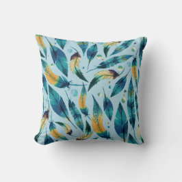 青い金ゴールドボーホフェザーパターン クッション
