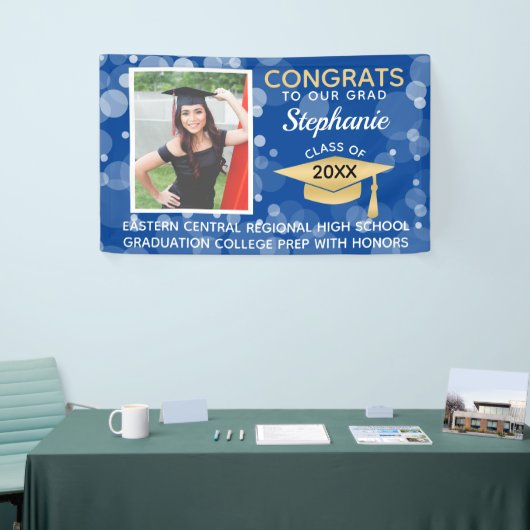 青い金ゴールドモダンバブルおめでとう写真卒業 横断幕 (トレードショー)