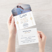 青い金ゴールドモダン写真 オールインワン招待状 (貼ってはがせる)