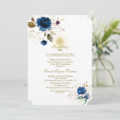 青い金ゴールドユニーク花最初の聖餐式 招待状 (スタンド正面)