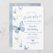 青い金ゴールドリトルバタフライが1つの誕生日 招待状 (正面/裏面)