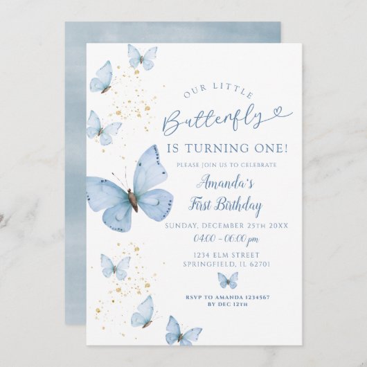 青い金ゴールドリトルバタフライが1つの誕生日 招待状 (正面/裏面)