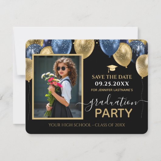 青い金ゴールド卒業写真の保存日 招待状 (正面)