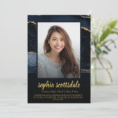 青い金ゴールド大理石の写真の卒業発表 招待状 (スタンド正面)