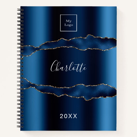 青い金ゴールド大理石の名前ビジネスロゴ ノートブック (正面)