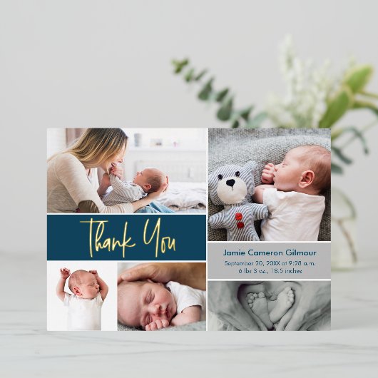 青い金ゴールド手打カスタムち写真赤ちゃんシャワー 箔シーズンカード (立ち正面)