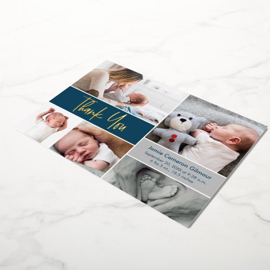 青い金ゴールド手打カスタムち写真赤ちゃんシャワー 箔シーズンカード (回転した状態)