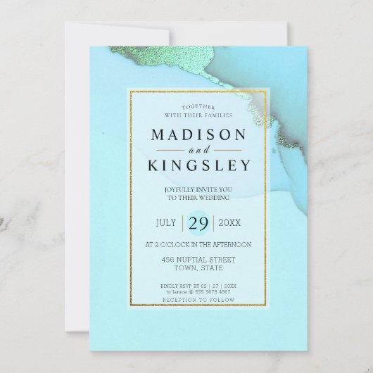 青い金ゴールド抽象芸術信じられないほどの結婚予算 招待状 (正面)