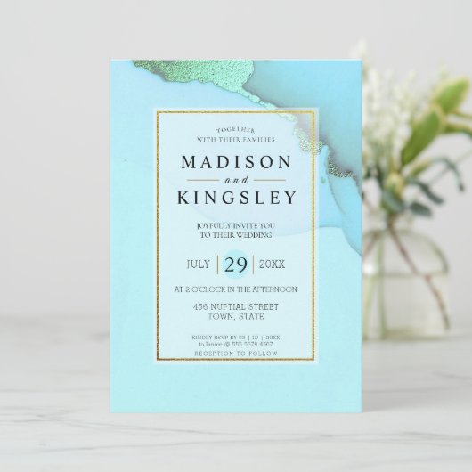 青い金ゴールド抽象芸術信じられないほどの結婚予算 招待状 (スタンド正面)