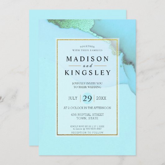 青い金ゴールド抽象芸術信じられないほどの結婚予算 招待状 (正面/裏面)