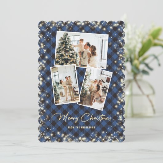 青い金ゴールド格子模様の写真コラージメリークリスマス シーズンカード (スタンド正面)