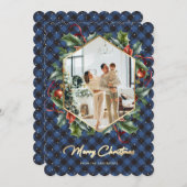 青い金ゴールド格子模様の写真メリークリスマスカード シーズンカード (正面/裏面)