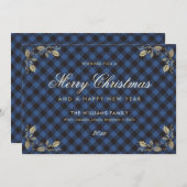 青い金ゴールド格子模様クリスマスハッピーニューイヤーカード シーズンカード (正面/裏面)