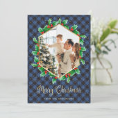 青い金ゴールド格子状の水色ホリーフォトクリスマス シーズンカード (スタンド正面)