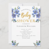 青い金ゴールド水彩花ベビーシャワー 招待状 (正面)