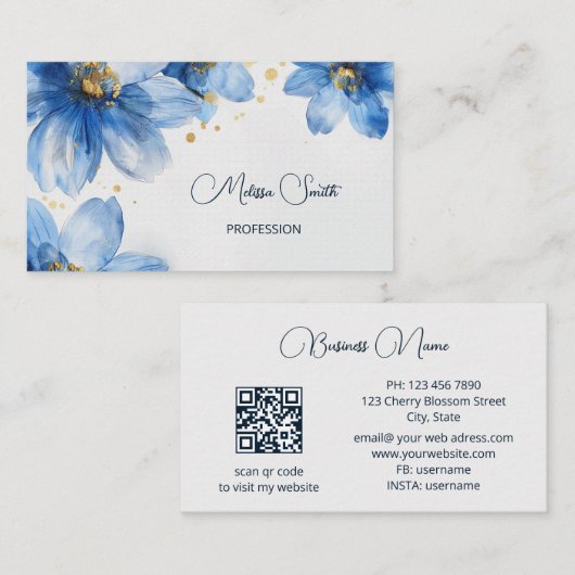 青い金ゴールド水彩花 名刺 (正面/裏面)