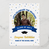 青い金ゴールド祝が大学院写真 箔招待状 (正面)