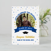 青い金ゴールド祝が大学院写真 箔招待状 (立ち正面)