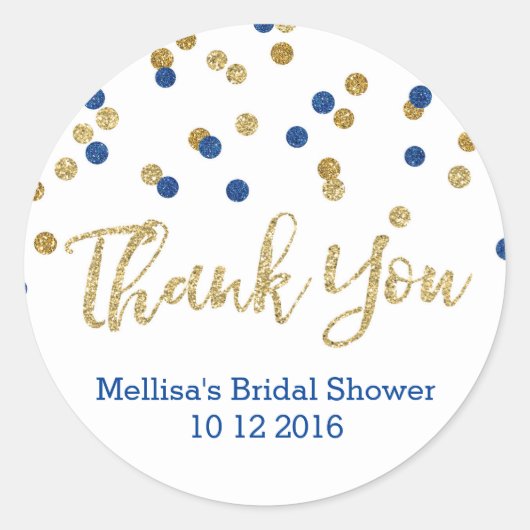 青い金ゴールド紙吹雪ブライダルシャワーメッセージカード ラウンドシール (正面)