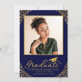 青い金ゴールド紙吹雪写真の卒業発表 招待状 (正面)