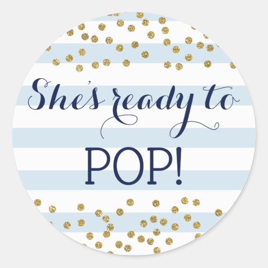 青い金ゴールド紙吹雪男の子のシャワー準備ができてポップ・アートの ラウンドシール (正面)