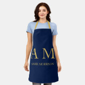 青い金ゴールド色プロフェッショナルイニシャル文字名 エプロン (着用した状態)