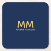 青い金ゴールド色プロフェッショナルイニシャル文字名 スクエアペーパーコースター (正面)