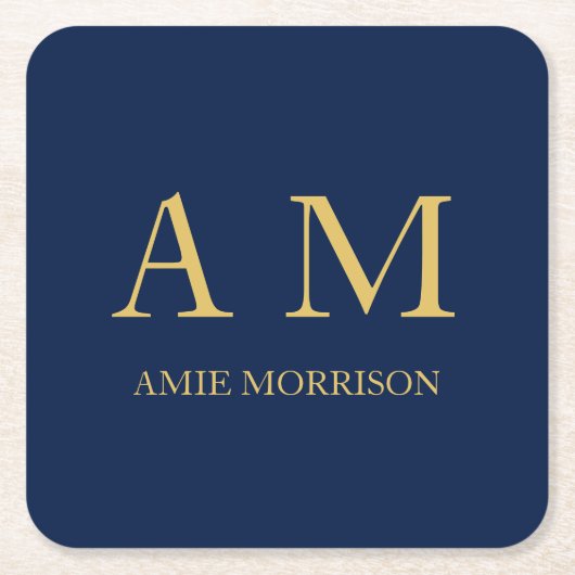 青い金ゴールド色プロフェッショナルイニシャル文字名 スクエアペーパーコースター (正面)