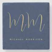 青い金ゴールド色プロフェッショナルイニシャル文字名 ストーンコースター (正面)