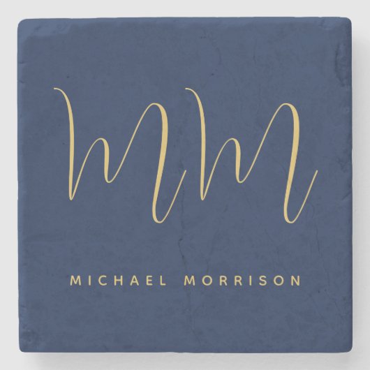 青い金ゴールド色プロフェッショナルイニシャル文字名 ストーンコースター (正面)