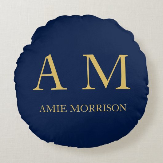 青い金ゴールド色プロフェッショナルイニシャル文字名 ラウンドクッション (正面)