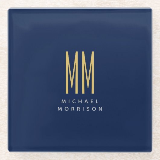 青い金ゴールド色モノグラムイニシャル文字名 ガラスコースター (正面)