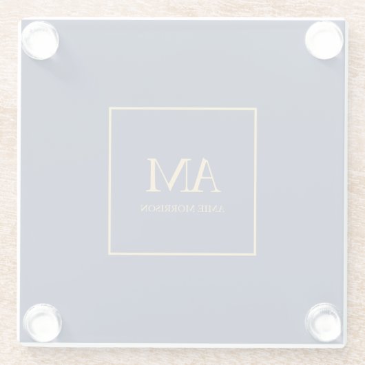 青い金ゴールド色モノグラムイニシャル文字名 ガラスコースター (裏面)