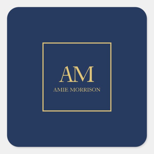 青い金ゴールド色モノグラムイニシャル文字名 スクエアシール (正面)