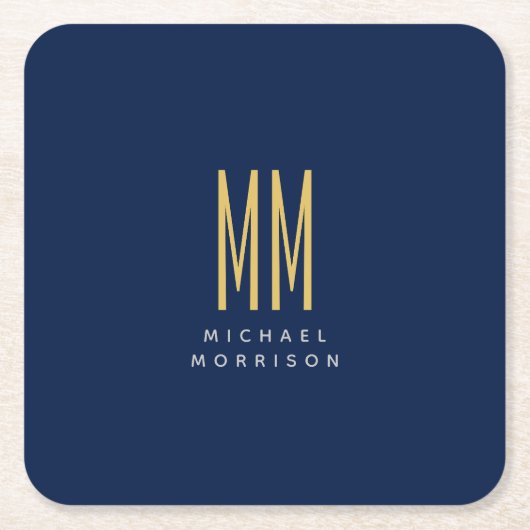 青い金ゴールド色モノグラムイニシャル文字名 スクエアペーパーコースター (正面)