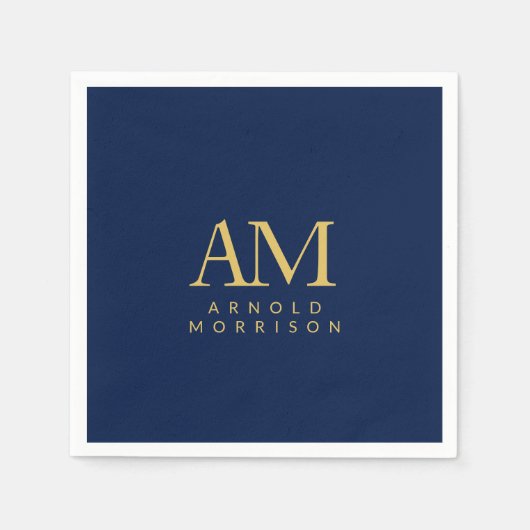 青い金ゴールド色モノグラムイニシャル文字名 スタンダードカクテルナプキン (正面)