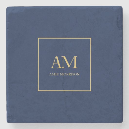 青い金ゴールド色モノグラムイニシャル文字名 ストーンコースター (正面)
