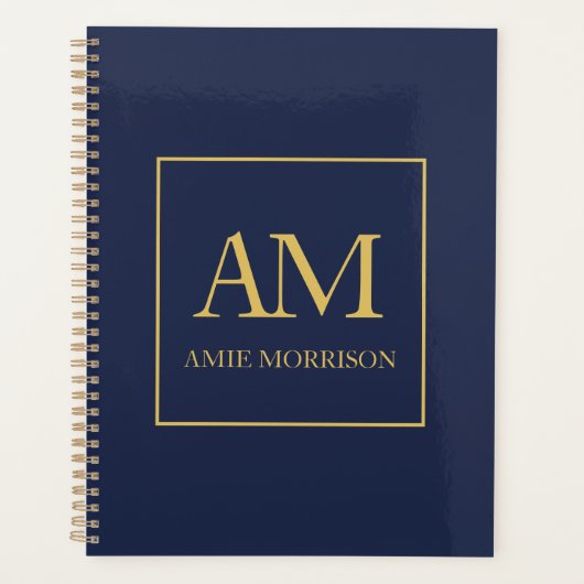 青い金ゴールド色モノグラムイニシャル文字名 プランナー手帳 (正面)
