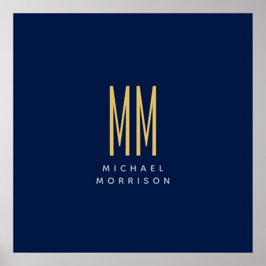 青い金ゴールド色モノグラムイニシャル文字名 ポスター (正面)