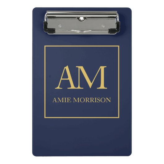 青い金ゴールド色モノグラムイニシャル文字名 ミニクリップボード (正面)