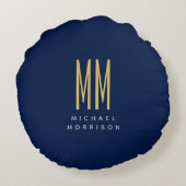 青い金ゴールド色モノグラムイニシャル文字名 ラウンドクッション (裏面)