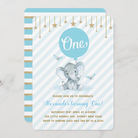 青い金ゴールド象の第1最初誕生日のきらめきの星 招待状 (正面/裏面)