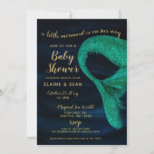 青い金ゴールド輝く人魚の赤ちゃんシャワー 招待状 (正面)