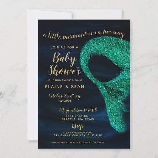 青い金ゴールド輝く人魚の赤ちゃんシャワー 招待状 (正面)