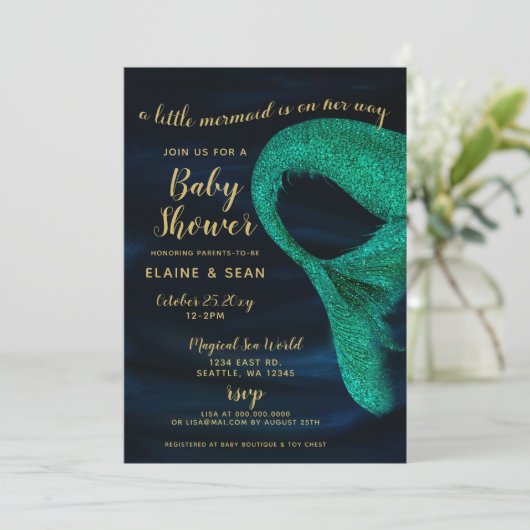 青い金ゴールド輝く人魚の赤ちゃんシャワー 招待状 (スタンド正面)